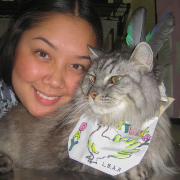 Emily and our mascot cat for Thanksgiving